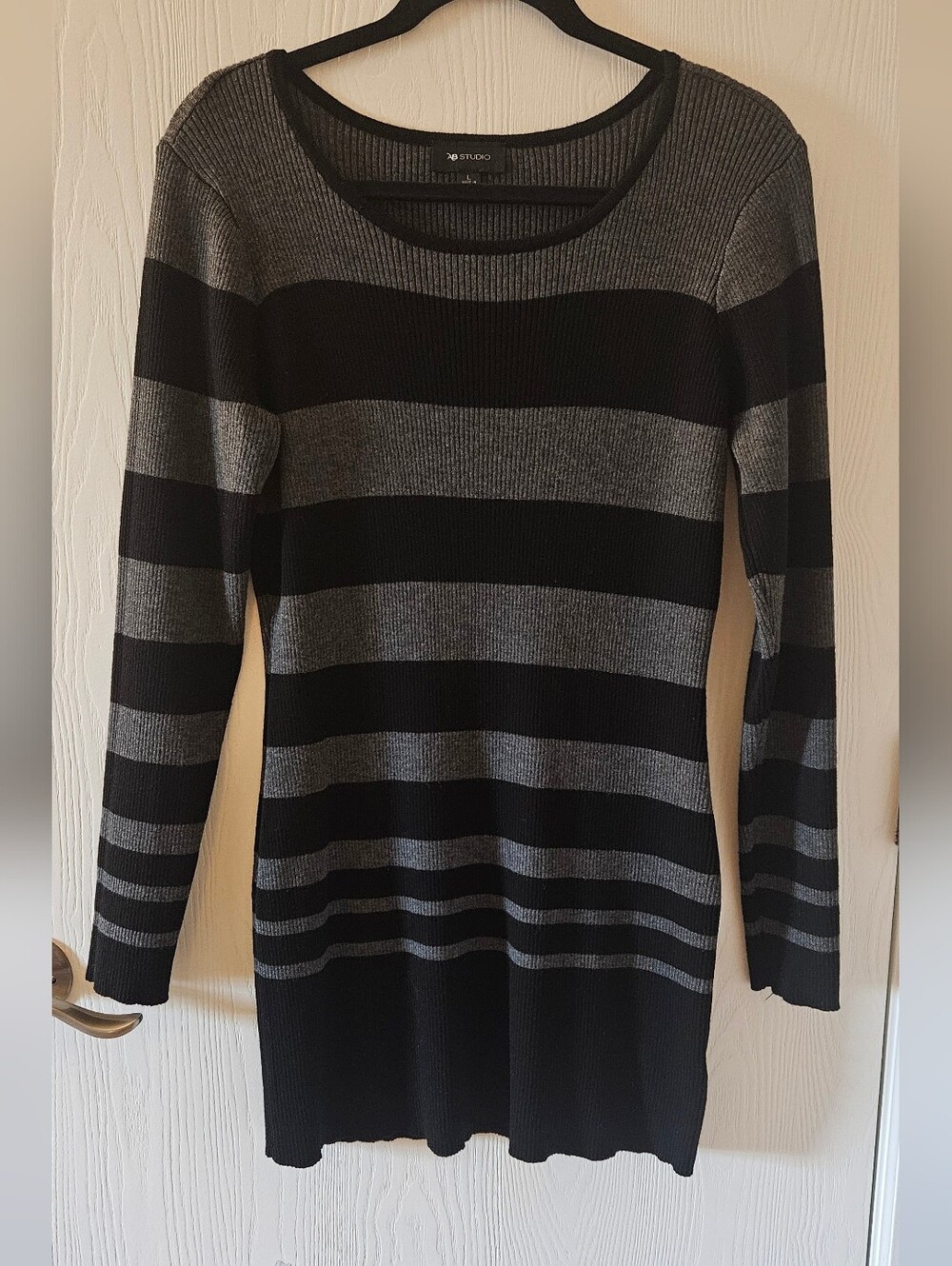 AB Studio Black and Gray Striped Long Sleeve Knit Dress